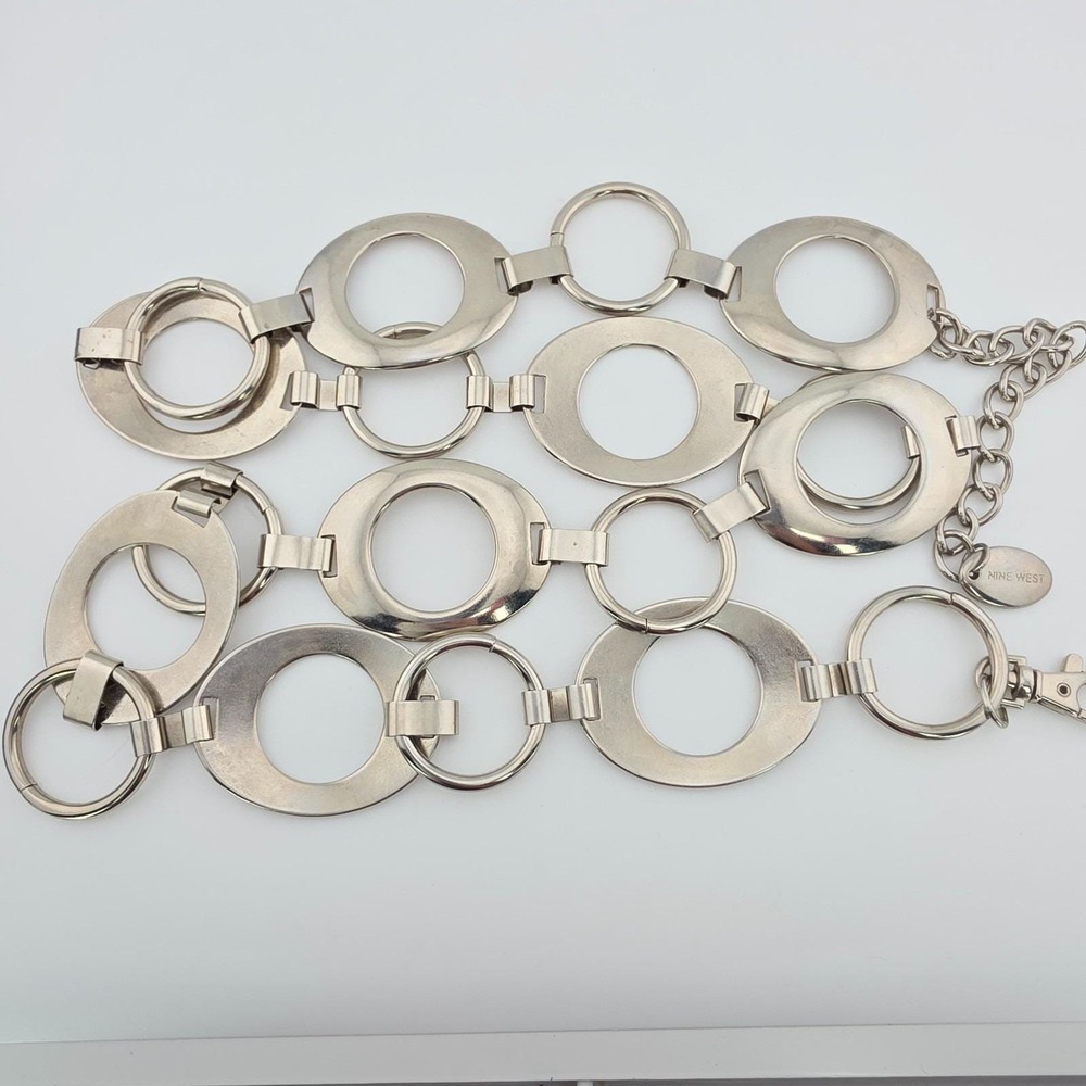 Vtg Y2K NINE WEST Belt Geometric Interlocking Oval Round Links Silver Tone 44"